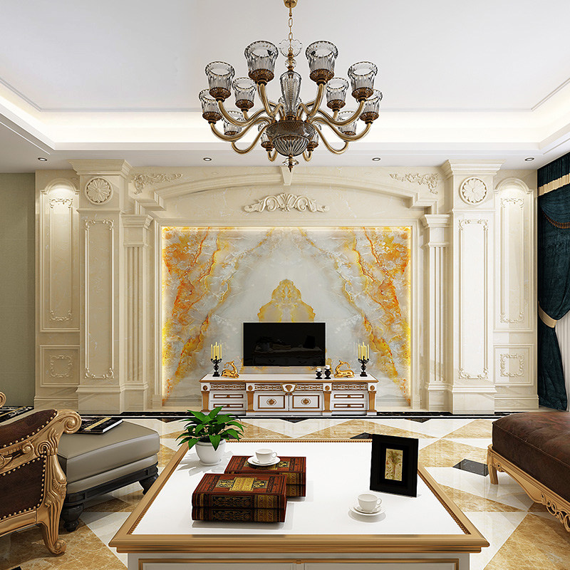 别墅农村大理石背景墙金镶玉石材边框石纹沙发墙造型定制简欧双柱
