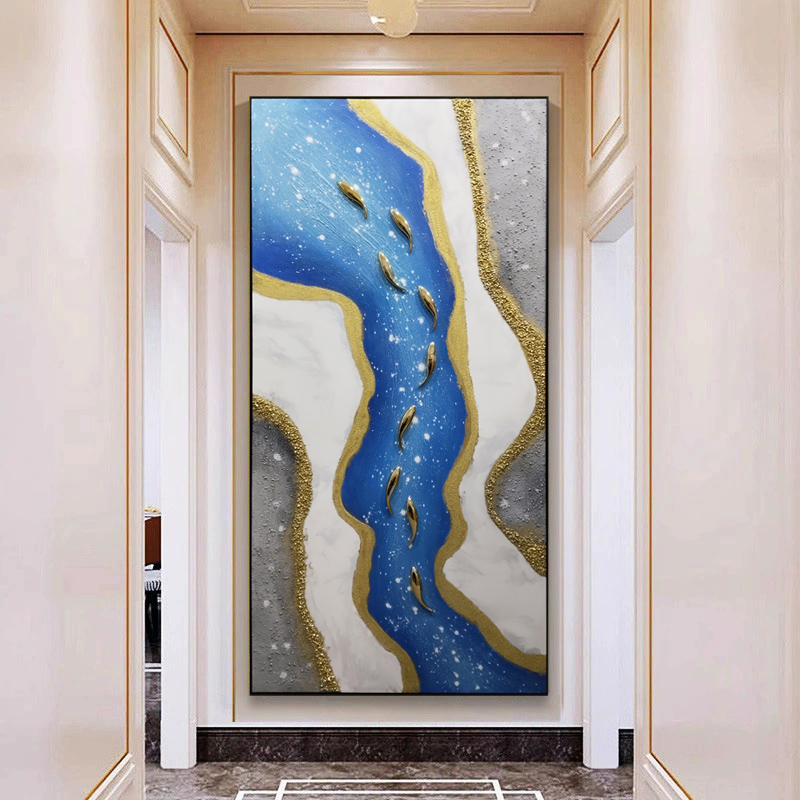 原创手绘轻奢油画进门玄关竖版装饰画走廊过道楼梯挂画九鱼图壁画图片