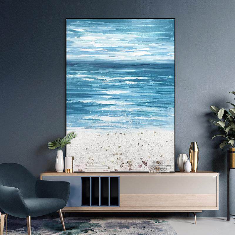 手绘蓝色海洋抽象油画海滩装饰画