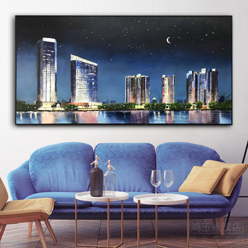 原创纯手绘建筑油画客厅横版风光装饰画房地产样板房城市夜景挂画