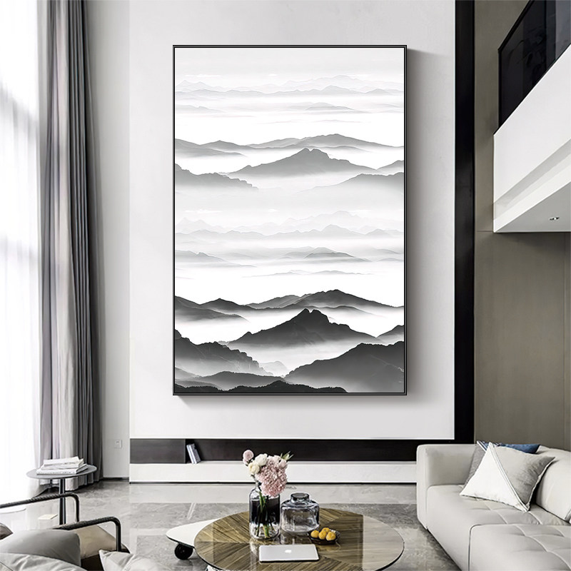 新中式黑白山景装饰画客厅挂画