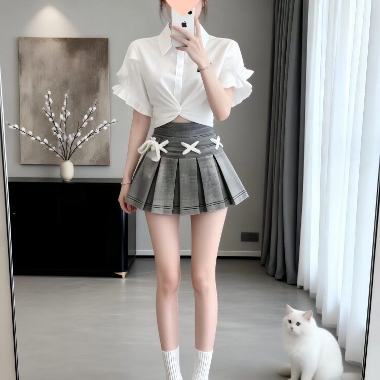 2026夏季新款韩系辣妹简约白色Polo领短袖衬衫牛仔半身裙两件套女