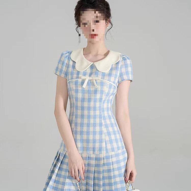 夏季甜美小香风收腰气质百褶a字裙子娃娃领蓝色法式格子连衣裙女