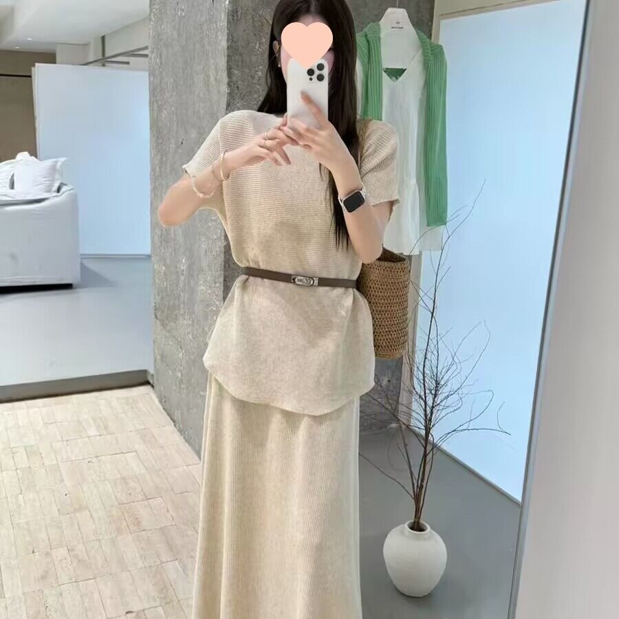 慵懒风短袖针织衫半身裙套装女春夏收腰两件套氛围感气质穿搭套装