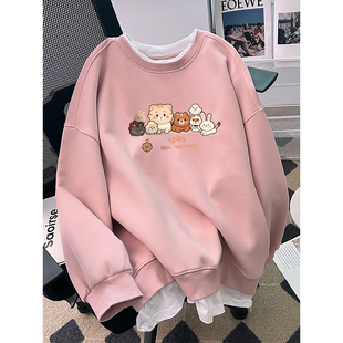 粉色中长款卫衣女遮屁股胖mm大码秋冬新款宽松休闲假两件加绒上衣