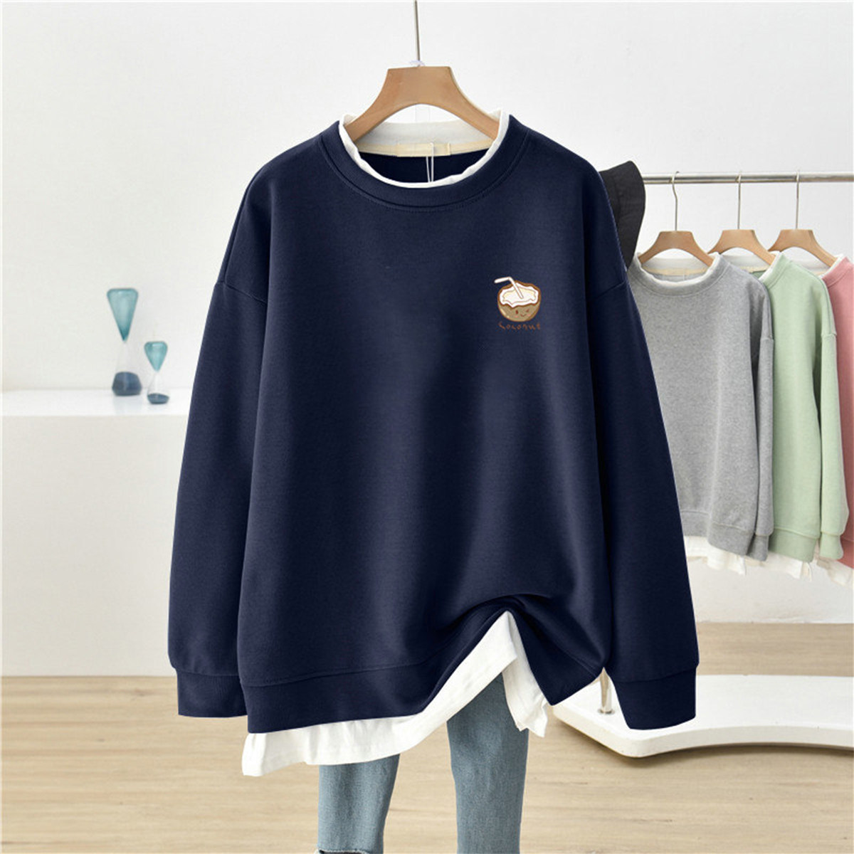 清仓胖mm卫衣女春秋oversize假两件无帽外套宽松显瘦遮屁股上衣服,女装/女士精品,卫衣/绒衫,淘宝优惠券,粉丝福利购,淘宝优惠卷