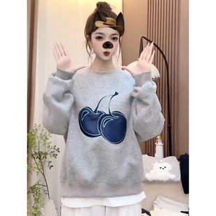 灰色无帽卫衣女款秋冬季2026新款胖mm宽松加绒刺绣外套上衣小个子