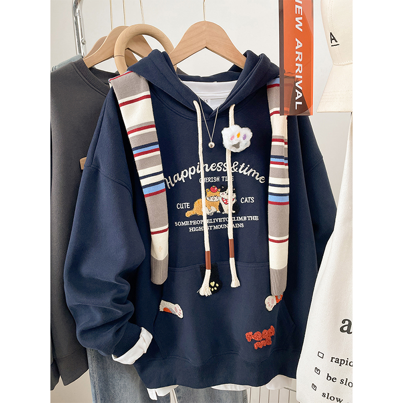 刺绣连帽卫衣外套女秋冬加绒加厚