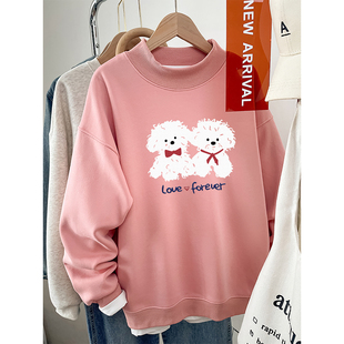 2025秋冬季加绒加厚保暖半高领卫衣女胖mm大码新款宽松初中生上衣