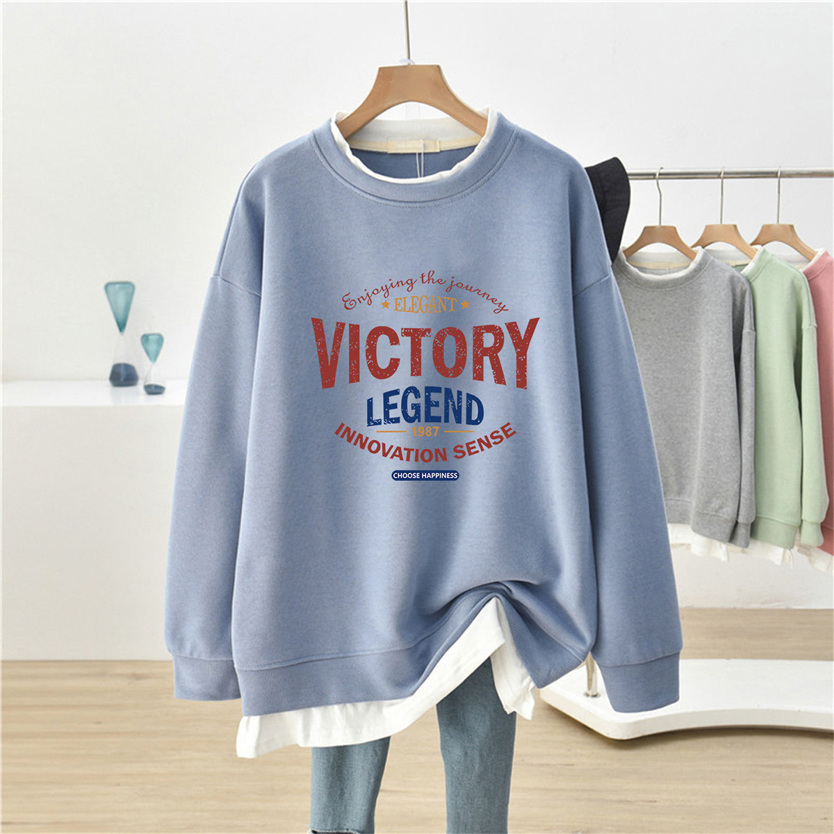 新品美式复古假两件卫衣女秋冬oversize宽松中长款遮屁股外套上衣