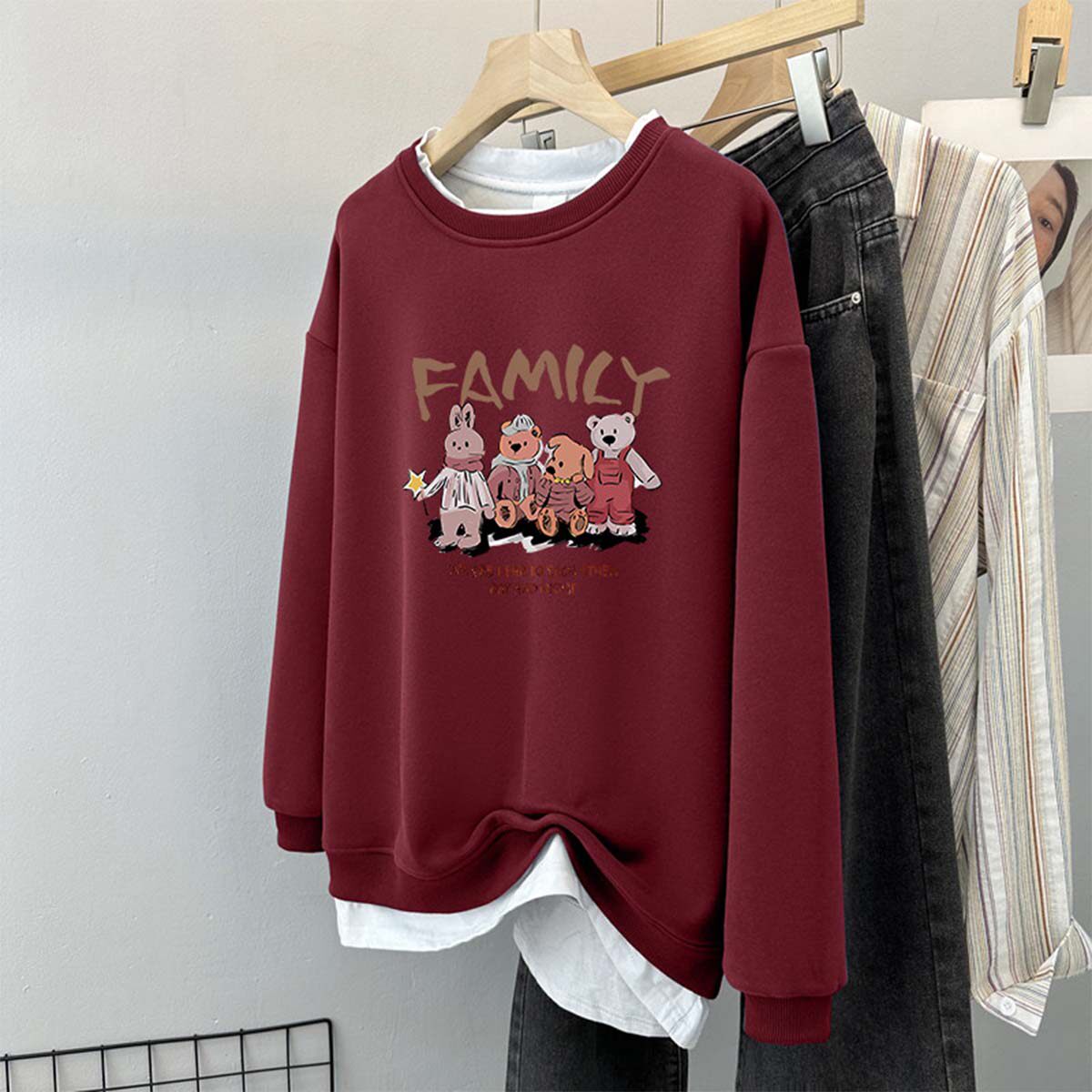 新品假两件卫衣女秋冬设计感小众套头加绒加厚大码宽松中长款上衣