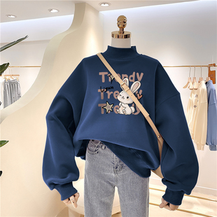 秋冬季2025新款宽松加绒加厚大码上衣胖mm初中生宽松半高领卫衣女