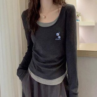 2026新款假两件长袖t恤女款秋季修身显瘦大码胖mm内搭打底衫上衣