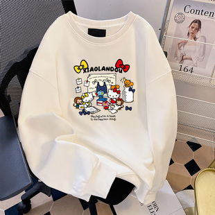 白色加绒加厚圆领卫衣女款2026秋冬新款美式胖mm大码无帽套头上衣