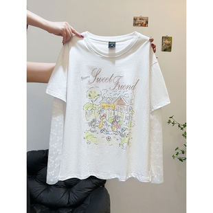 长袖 假两件宽松胖mm大码 内搭打底衫 新款 t恤女 刺绣上衣服2026夏季