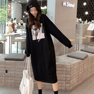 2026新款秋季oversize长款连帽卫衣裙女宽松胖mm大码加厚过膝上衣