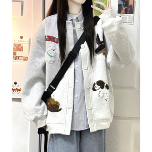 灰色大码刺绣初中生外套女胖mm宽松加绒加厚开衫卫衣秋冬2026新款