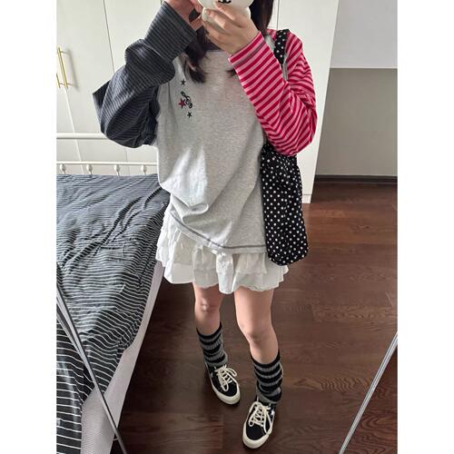 美式高街撞色条纹刺绣长袖T恤女春秋哈苏线设计感宽松打底衫上衣