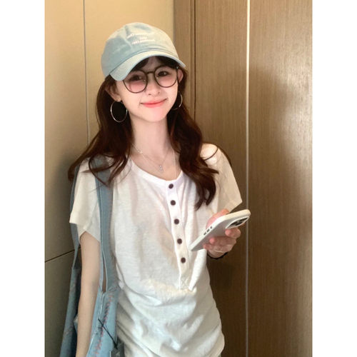 韩系白色棉麻亨利领正肩收腰短袖T恤女夏薄款修身显瘦蝙蝠袖上衣
