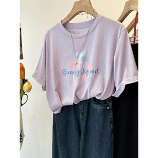 雪花棉短袖大码T恤女2026夏季新款胖mm时尚洋气圆领宽松显瘦上衣