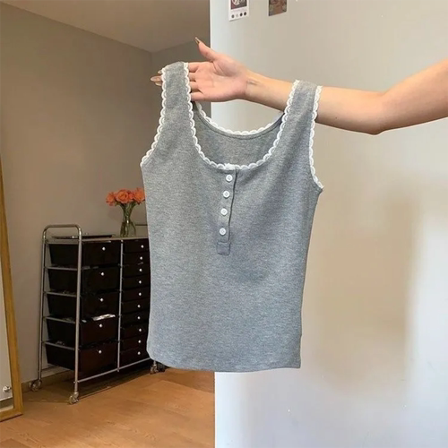 方领蕾丝边纽扣背心女夏季纯欲bm修身春秋内搭打底上衣遮副乳吊带