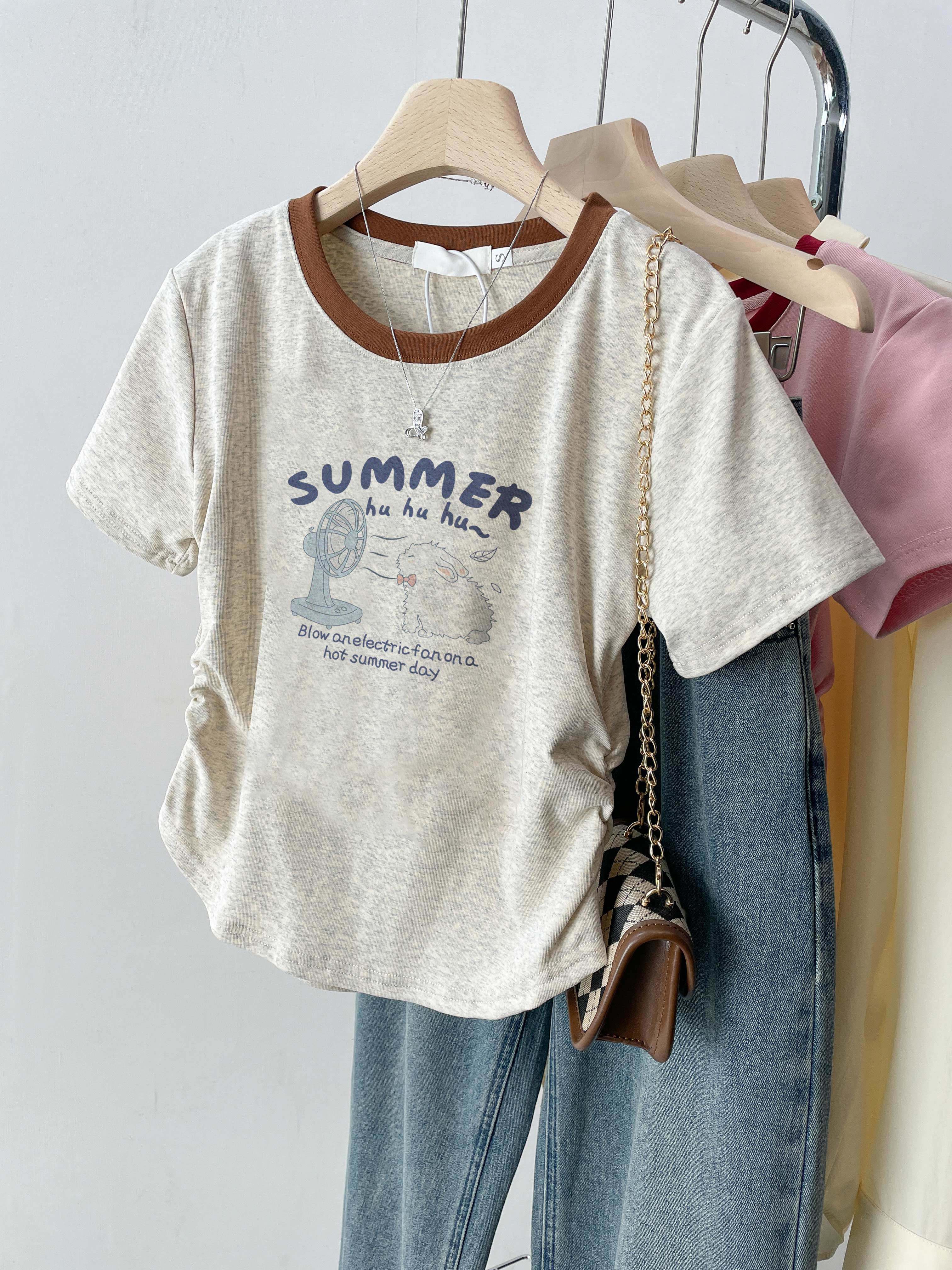 美式正肩短袖t恤女夏2026新款修身短款绝美巨好看的小上衣小个子