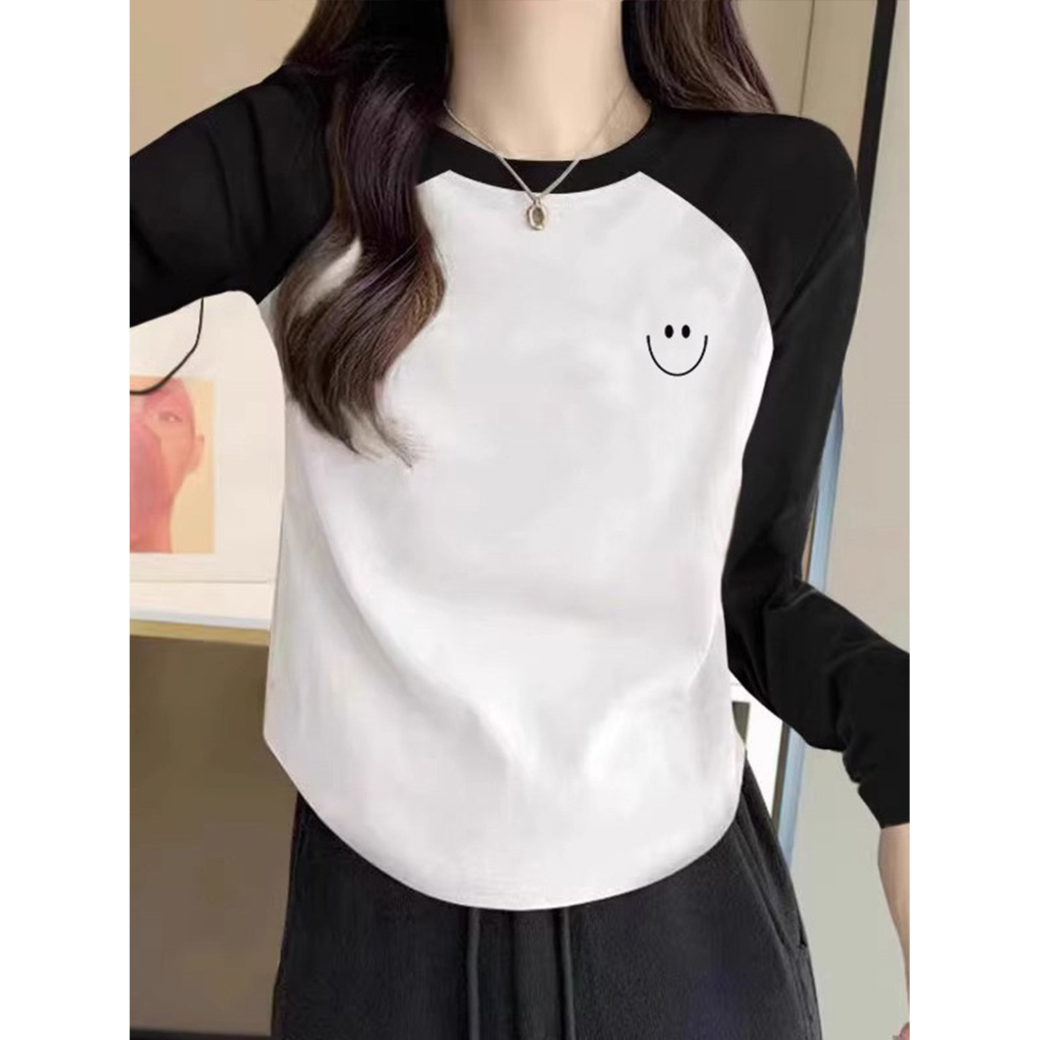 新品韩系慵懒拼接撞色上衣2026秋冬插肩袖修身显瘦薄款 T 恤女,女装/女士精品,T恤,淘宝优惠券,粉丝福利购,淘宝优惠卷