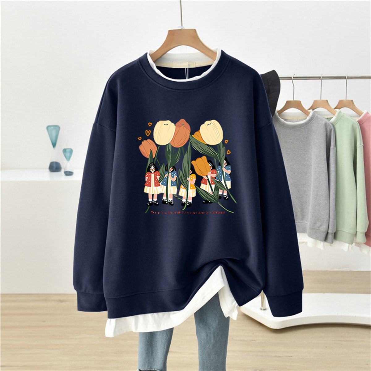 新品假两件卫衣女款秋冬2026慵懒风大码中长款遮屁股上衣无帽外套