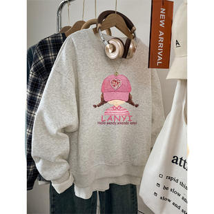 韩版大码宽松无帽圆领卫衣女款小个子秋冬季2026新款胖mm长袖上衣