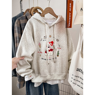 美式胖mm大码刺绣连帽卫衣女款秋冬新款宽松显瘦加绒加厚帽衫上衣