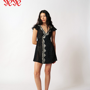 yeye by b.Fleurs新款法式复古风黑色波点蕾丝花边两穿系带连衣裙