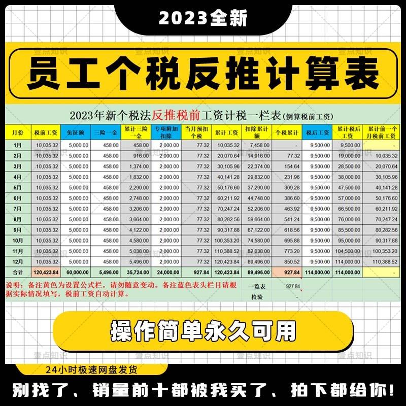 2023年新版个税法反推税前工资个税自动计算表 excel电子表格模板