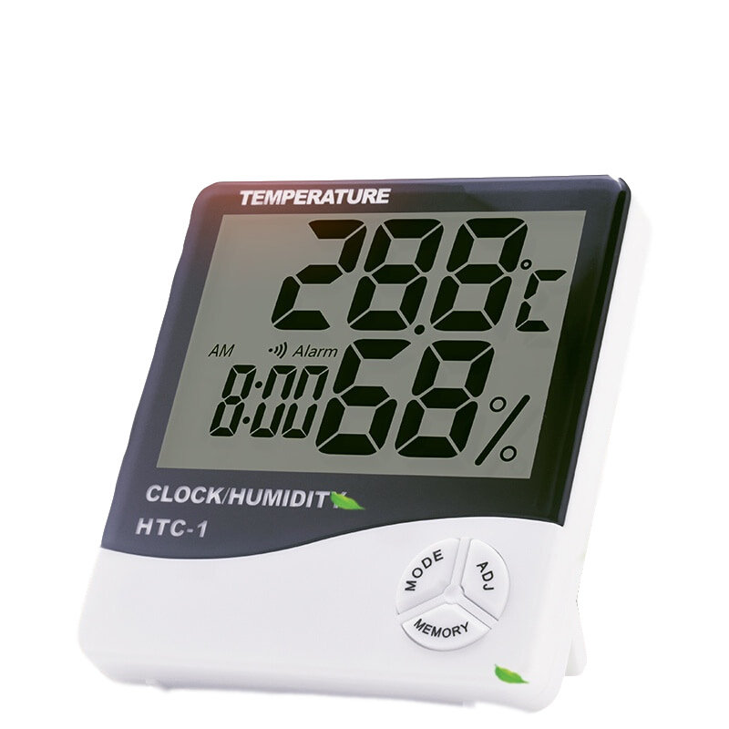 htc-1温湿度计室内外学校仓库办公室电子温度表湿度计带闹钟日期