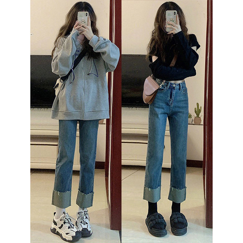 裤牛仔裤女直筒春秋高腰显瘦梨型身材小个子弹力九分裤子日韩休闲