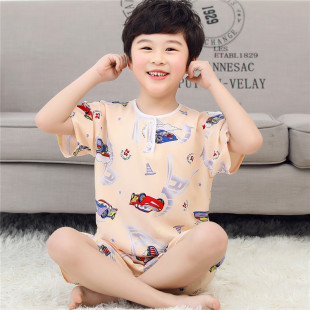 宝宝棉绸薄款 夏季 绵绸睡衣套装 短裤 家居服男女童厂家 儿童短袖