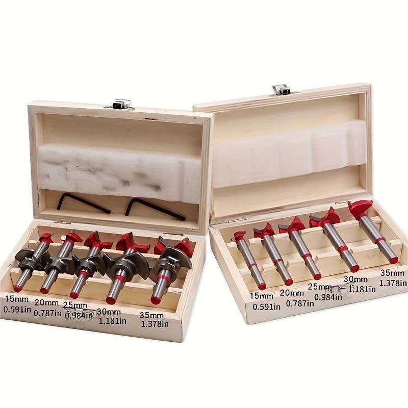 可调节木盒装定位开孔器 木盒装5PCS红色木工开孔器