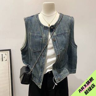 高级感复古蓝牛仔无袖马夹女外套春夏季新款叠穿薄款休闲马甲上衣