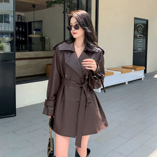 时尚 韩版 小个子皮夹克皮风衣外套女感 新款 棕色皮衣女2025春季