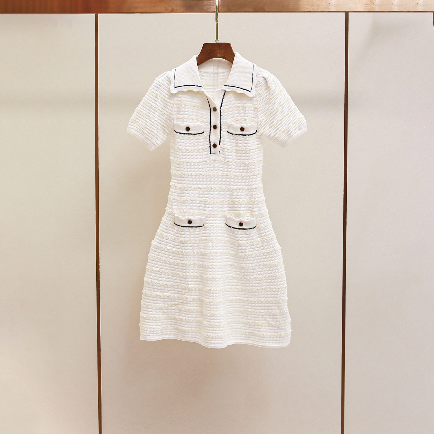 SP家连衣裙女装春季新款小香风翻领修身针织法式裙子女