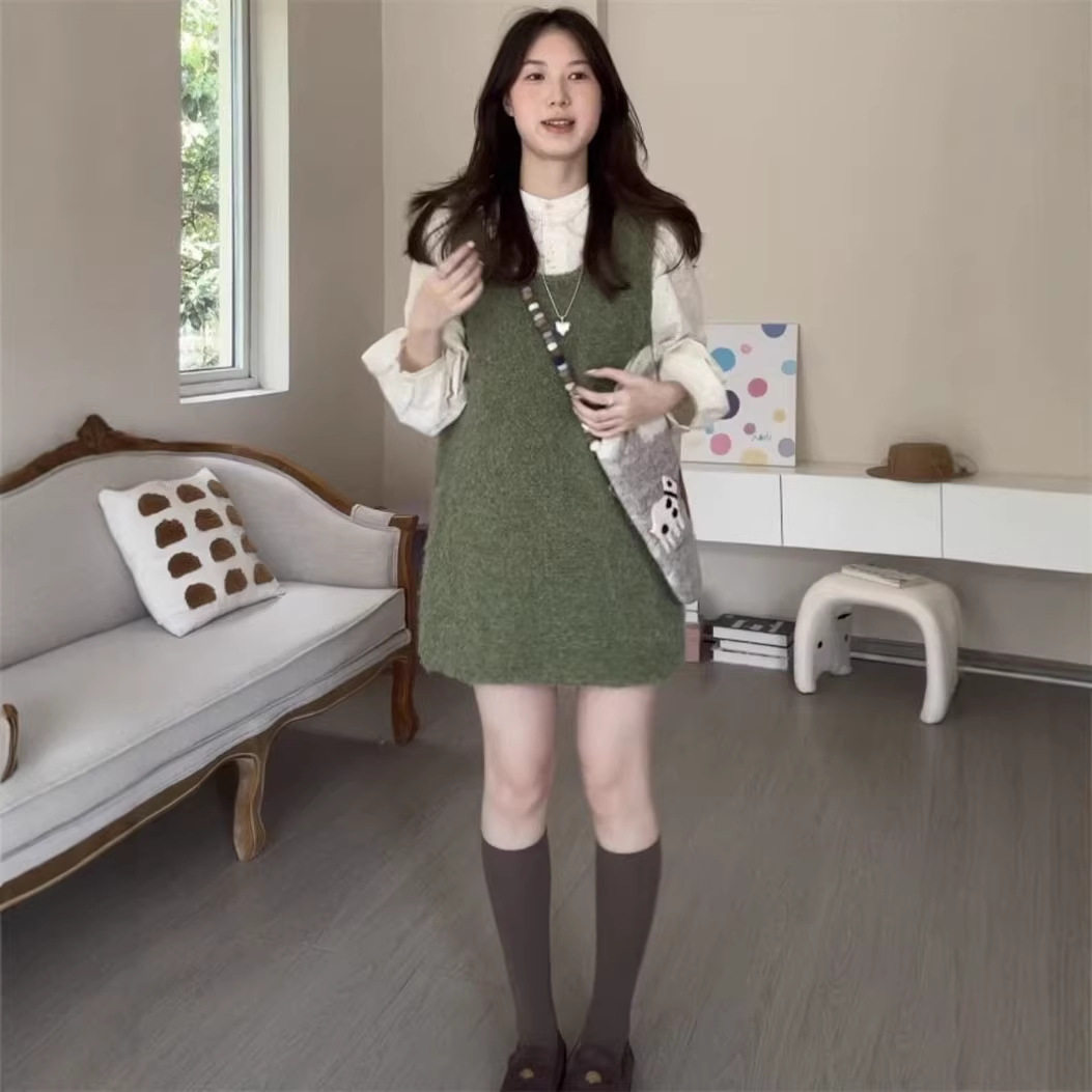 春季新款韩版宽松慵懒风中长款针织衫马甲连衣裙女无袖背心毛衣裙