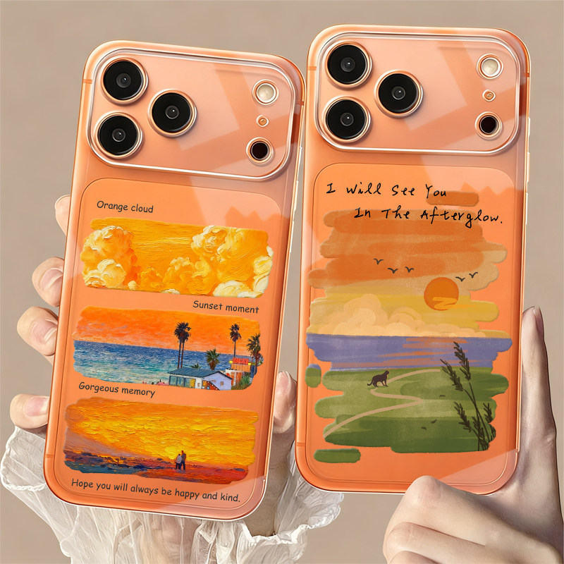 适用苹果17promax橙色手机壳17Pro新款透明壳iPhone15油画风14promax夕阳涂鸦16Pro全包防摔苹果16磨砂手机壳