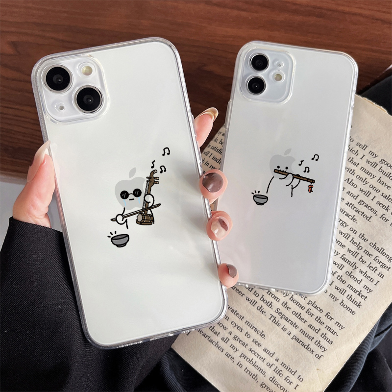 适用苹果16promax透明手机壳iPhone14pro搞怪有趣苹果人吹笛拉二胡苹果13镜头全包15promax情侣款12防摔软壳