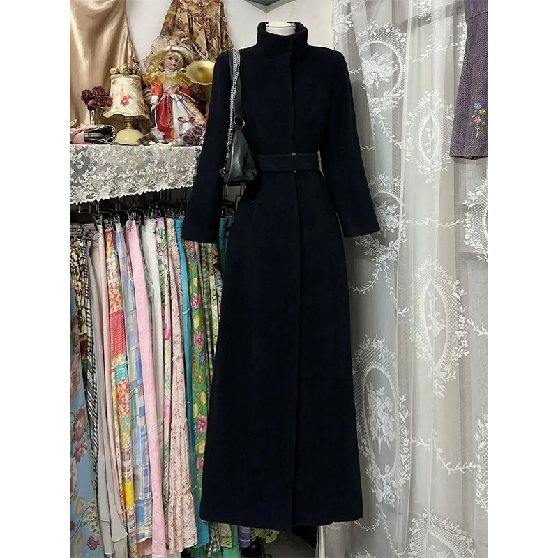 立领收腰黑色中长毛呢外套女