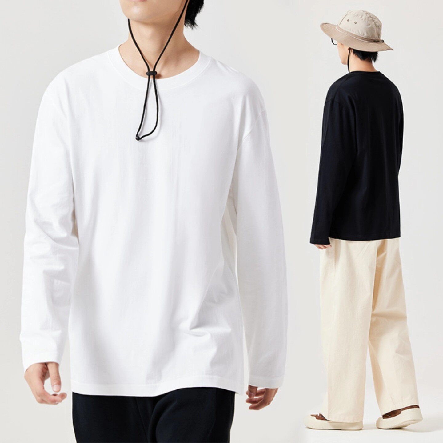 名创优品白色打底衫男秋冬男款白t重磅纯白内搭男士纯棉长袖t恤A