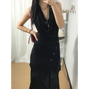 「 凌鸦ILNya 」差池_黑 月痕挂脖背心 羊毛莱赛尔荷叶边背心吊带