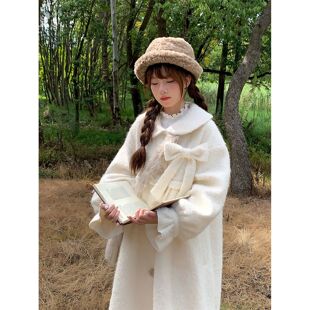 白色羊羔毛呢外套冬季2025小个子毛绒拼接蝴蝶结连帽中长款大衣女