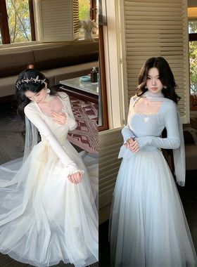 Blovelan胡桃夹子 少女感温柔拼接网纱仙女风显瘦长袖连衣裙加厚