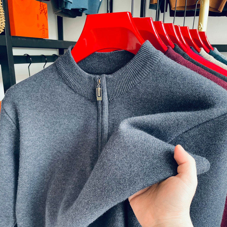 羊毛衫男新款冬季加厚半高领打底半拉链针织长袖中年爸爸男装毛衣