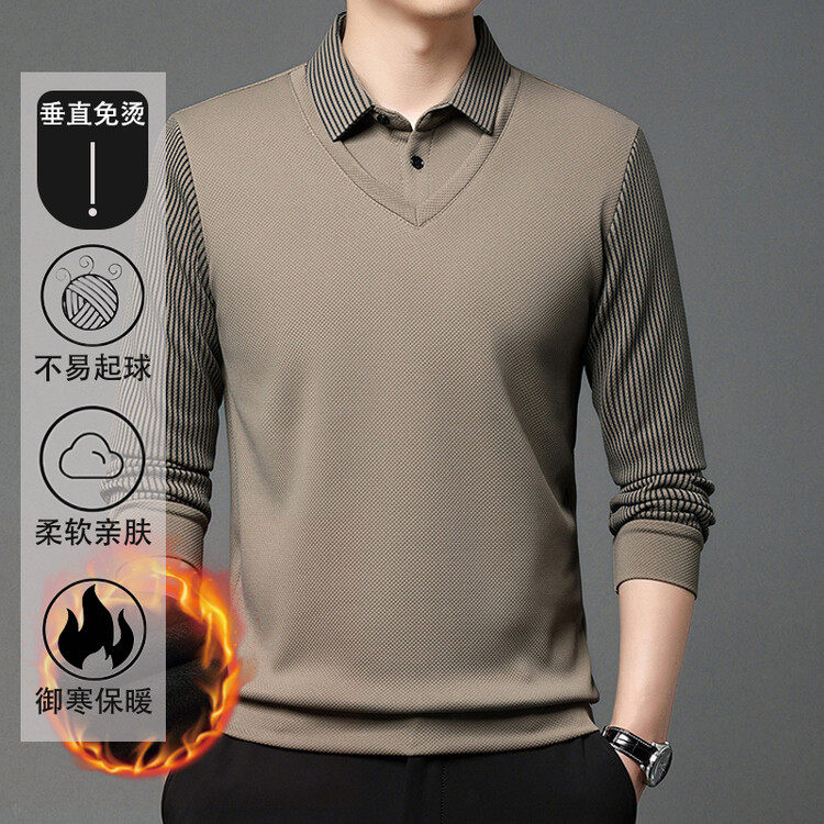 保罗男士假两件长袖t恤2025年新款爸爸毛衣男宽松加绒加厚打底衫