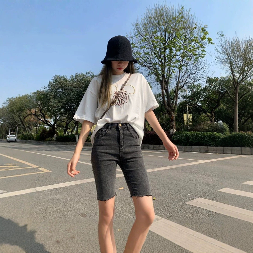 灰色牛仔短裤女2026年新款潮ins高腰显瘦紧身薄款骑行五分裤中裤